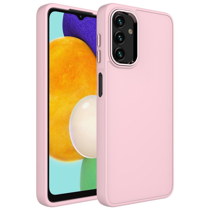 Galaxy Uyumlu A04S Kılıf Metal Çerçeve ve Buton Tasarımlı Silikon Zore Luna Kapak-Pembe