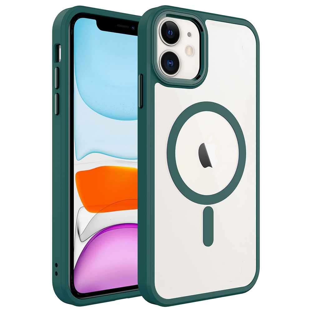 iPhone Uyumlu 11 Kılıf Wireless Şarj Özellikli Zore Krom M-safe Silikon Kapak-Koyu yeşil