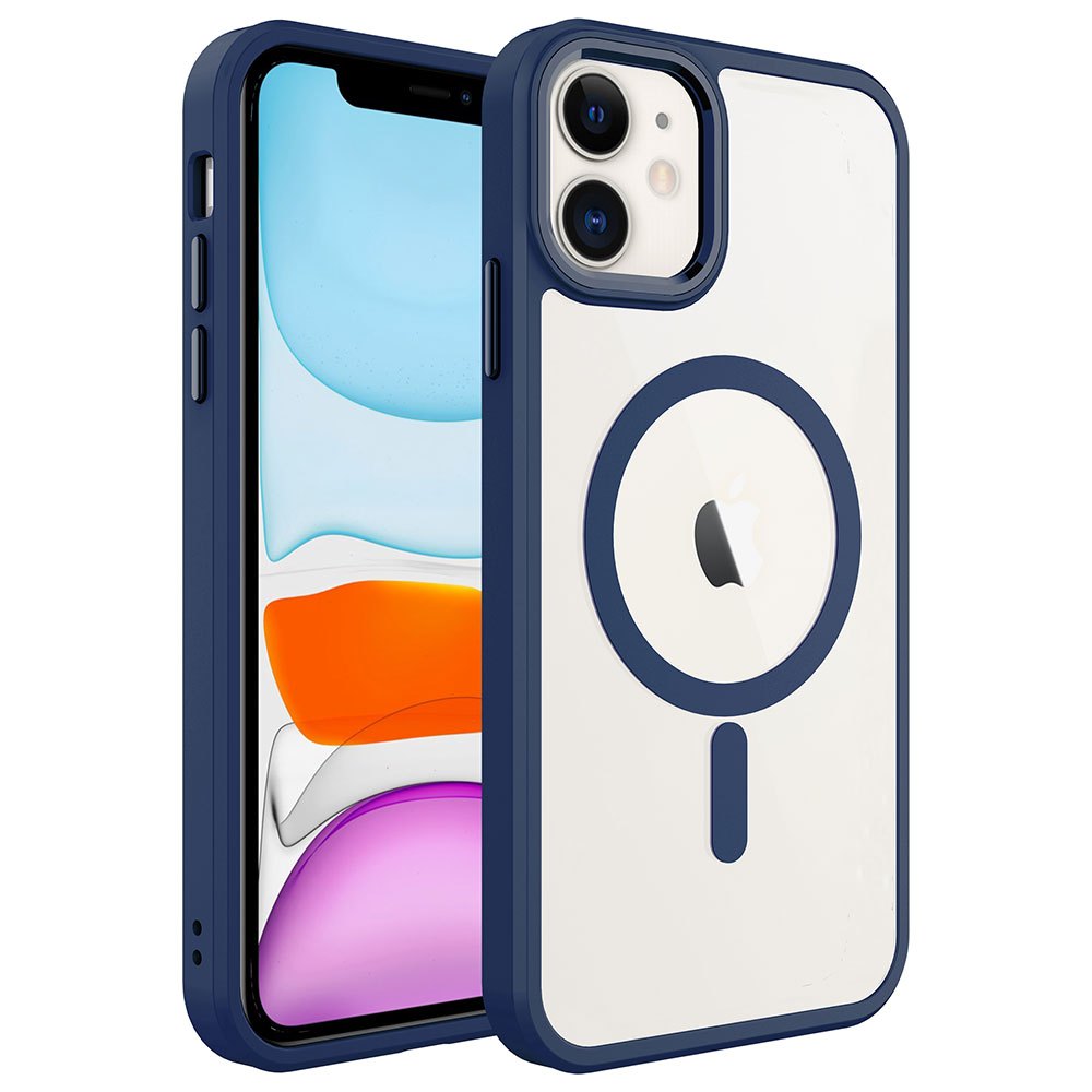 iPhone Uyumlu 11 Kılıf Wireless Şarj Özellikli Zore Krom M-safe Silikon Kapak-Lacivert