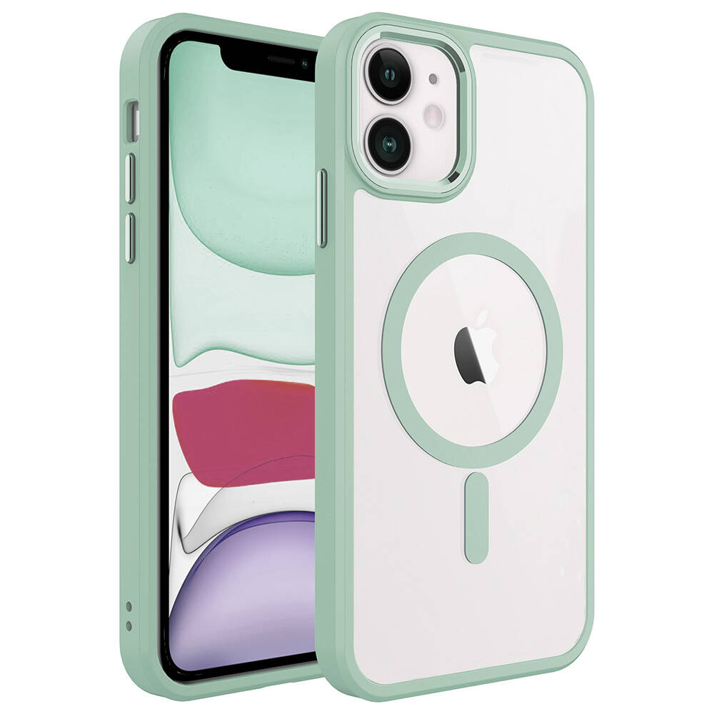 iPhone Uyumlu 11 Kılıf Wireless Şarj Özellikli Zore Krom M-safe Silikon Kapak-Yeşil