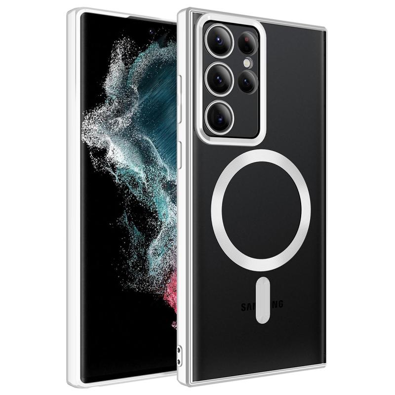 Galaxy Uyumlu S22 Ultra Kılıf M-safe Wireless Şarj Özellikli Zore Setro Silikon-Gümüş