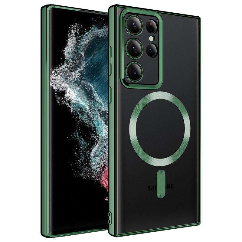 Galaxy Uyumlu S22 Ultra Kılıf M-safe Wireless Şarj Özellikli Zore Setro Silikon-Koyu yeşil
