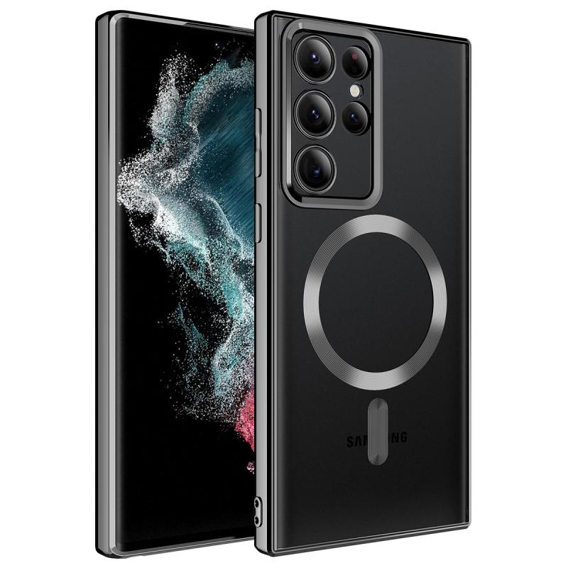 Galaxy Uyumlu S22 Ultra Kılıf M-safe Wireless Şarj Özellikli Zore Setro Silikon-Siyah