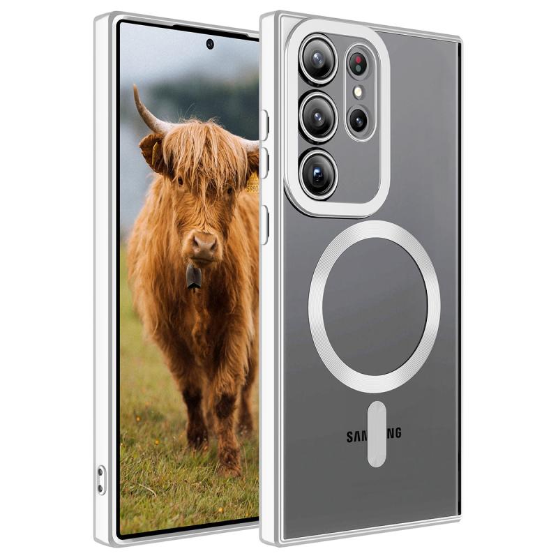 Galaxy Uyumlu S23 Ultra Kılıf M-safe Wireless Şarj Özellikli Zore Setro Silikon-Gümüş