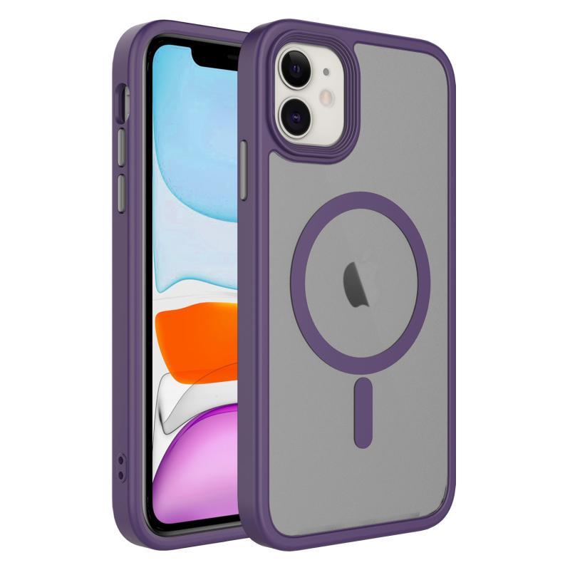 iPhone Uyumlu 11 Kılıf Mat Arka Yüzey Wireless Şarj Özellikli Zore Flet M-safe Kapak-Derin mor
