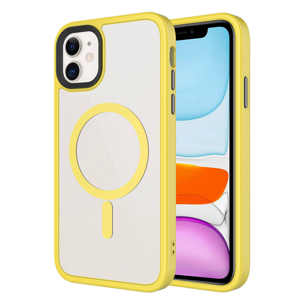 iPhone Uyumlu 11 Kılıf Mat Arka Yüzey Wireless Şarj Özellikli Zore Flet M-safe Kapak-Sarı