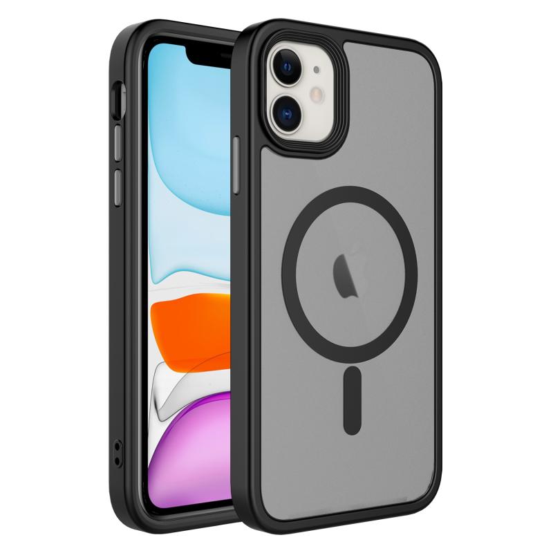 iPhone Uyumlu 11 Kılıf Mat Arka Yüzey Wireless Şarj Özellikli Zore Flet M-safe Kapak-Siyah