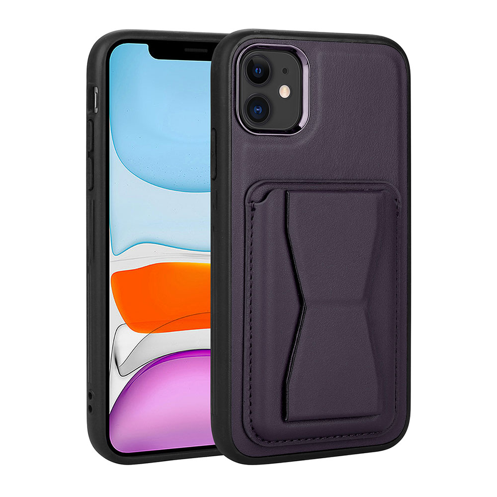 iPhone Uyumlu 11 Kılıf Kartlıklı Standlı ​Pu Deri Zore Memo Kapak-Koyu mor
