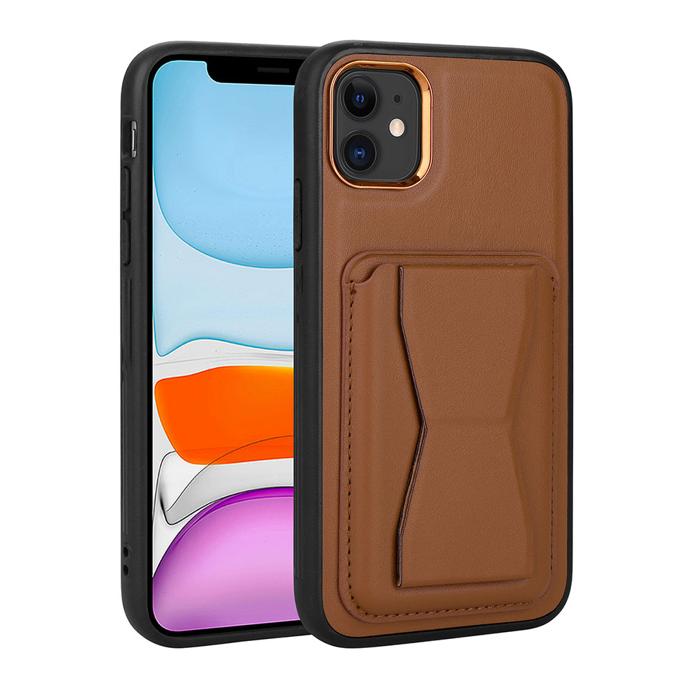 iPhone Uyumlu 12 Kılıf Kartlıklı Standlı ​Pu Deri Zore Memo Kapak-Kahverengi