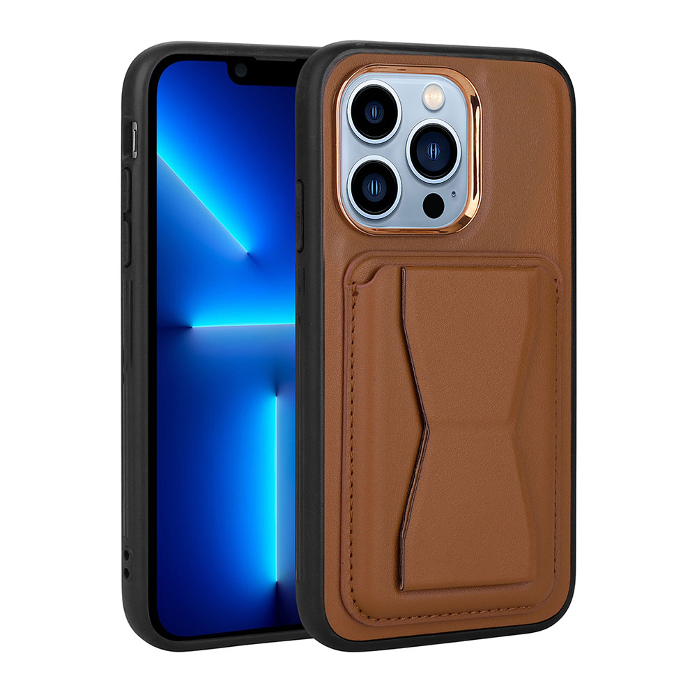 iPhone Uyumlu 12 Pro Max Kılıf Kartlıklı Standlı ​Pu Deri Zore Memo Kapak-Kahverengi