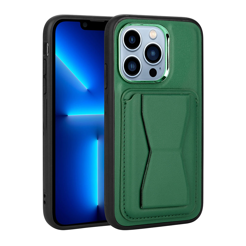iPhone Uyumlu 12 Pro Max Kılıf Kartlıklı Standlı ​Pu Deri Zore Memo Kapak-Koyu yeşil