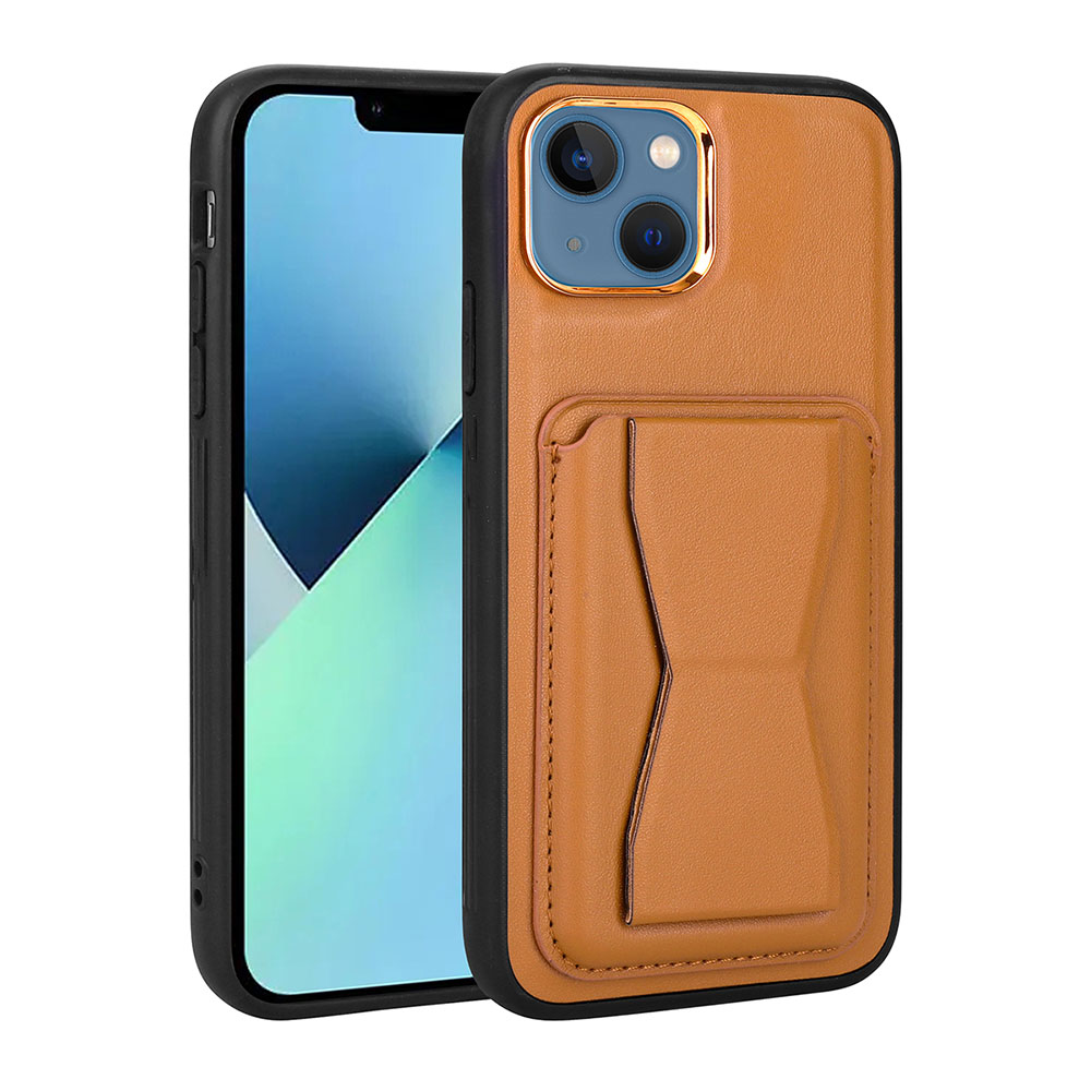 iPhone Uyumlu 13 Kılıf Kartlıklı Standlı ​Pu Deri Zore Memo Kapak-Kahve açık