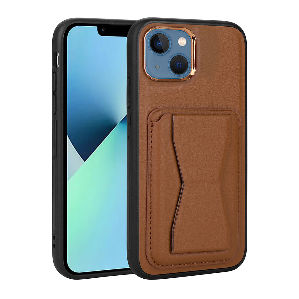 iPhone Uyumlu 13 Kılıf Kartlıklı Standlı ​Pu Deri Zore Memo Kapak-Kahverengi