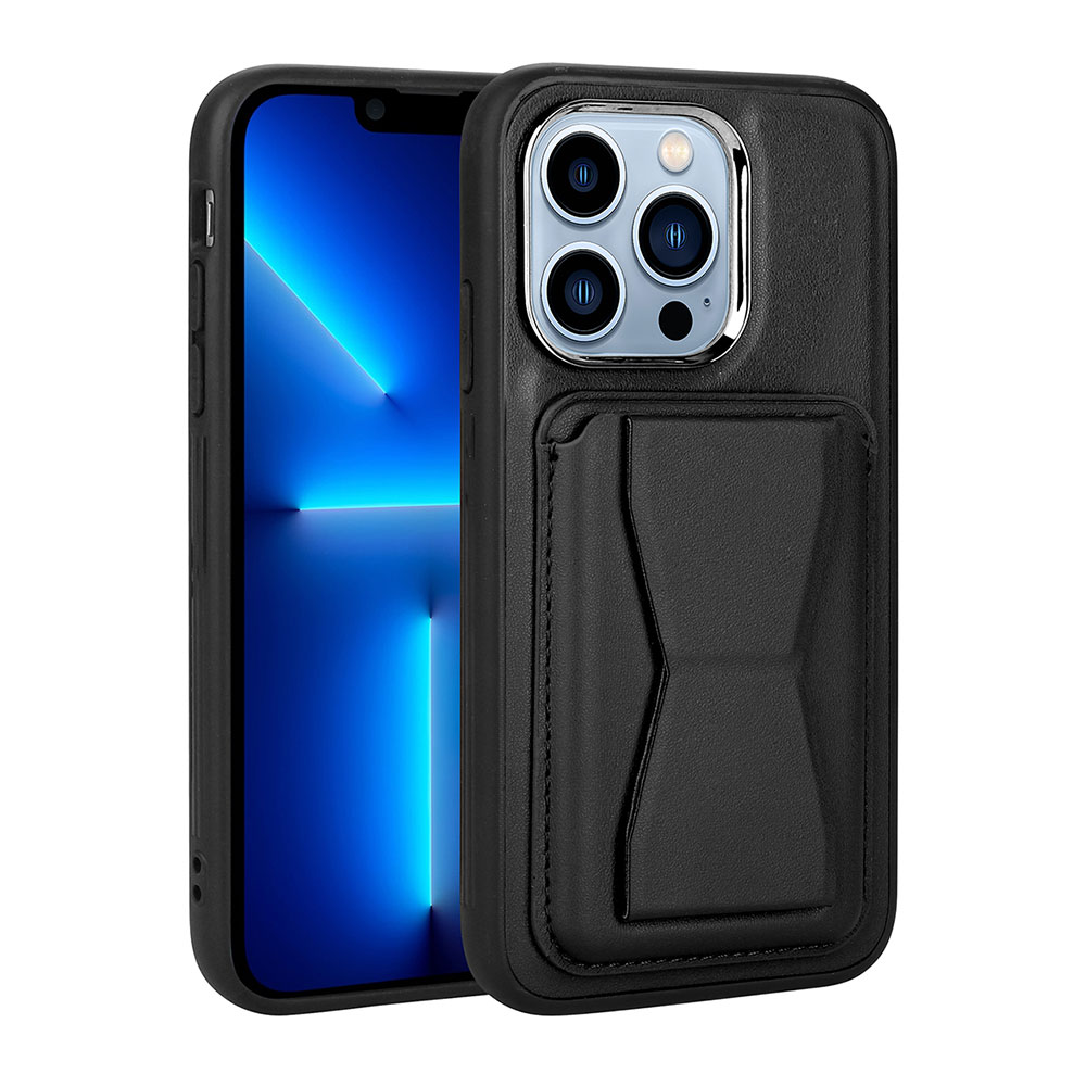 iPhone Uyumlu 13 Pro Kılıf Kartlıklı Standlı ​Pu Deri Zore Memo Kapak-Siyah