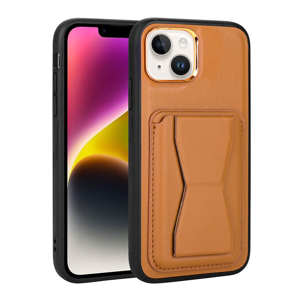 iPhone Uyumlu 14 Plus Kılıf Kartlıklı Standlı ​Pu Deri Zore Memo Kapak-Kahve açık