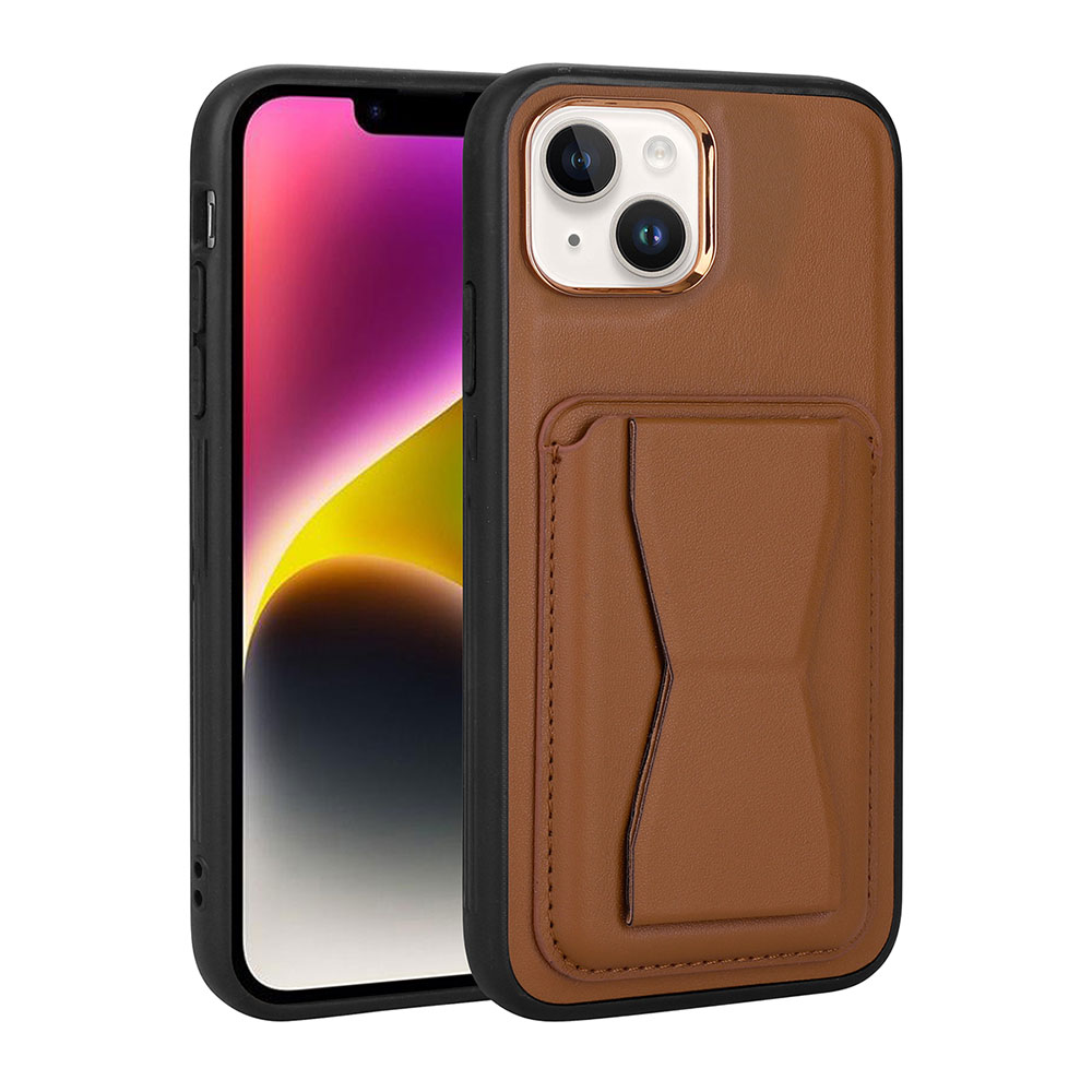 iPhone Uyumlu 14 Plus Kılıf Kartlıklı Standlı ​Pu Deri Zore Memo Kapak-Kahverengi