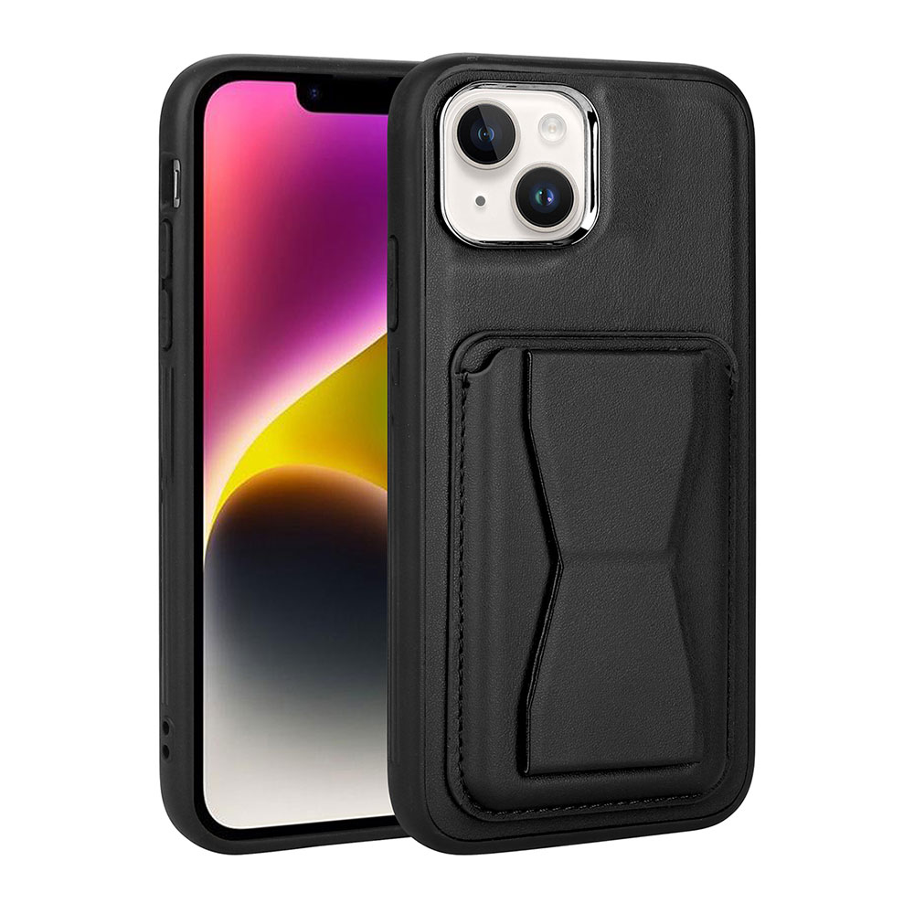 iPhone Uyumlu 14 Plus Kılıf Kartlıklı Standlı ​Pu Deri Zore Memo Kapak-Siyah