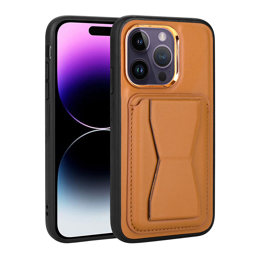 iPhone Uyumlu 14 Pro Kılıf Kartlıklı Standlı ​Pu Deri Zore Memo Kapak-Kahve açık