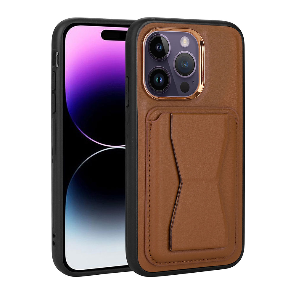 iPhone Uyumlu 14 Pro Kılıf Kartlıklı Standlı ​Pu Deri Zore Memo Kapak-Kahverengi