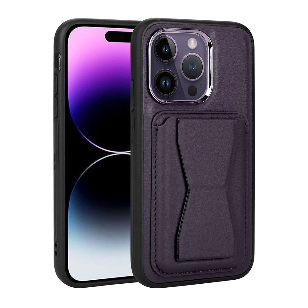 iPhone Uyumlu 14 Pro Kılıf Kartlıklı Standlı ​Pu Deri Zore Memo Kapak-Koyu mor
