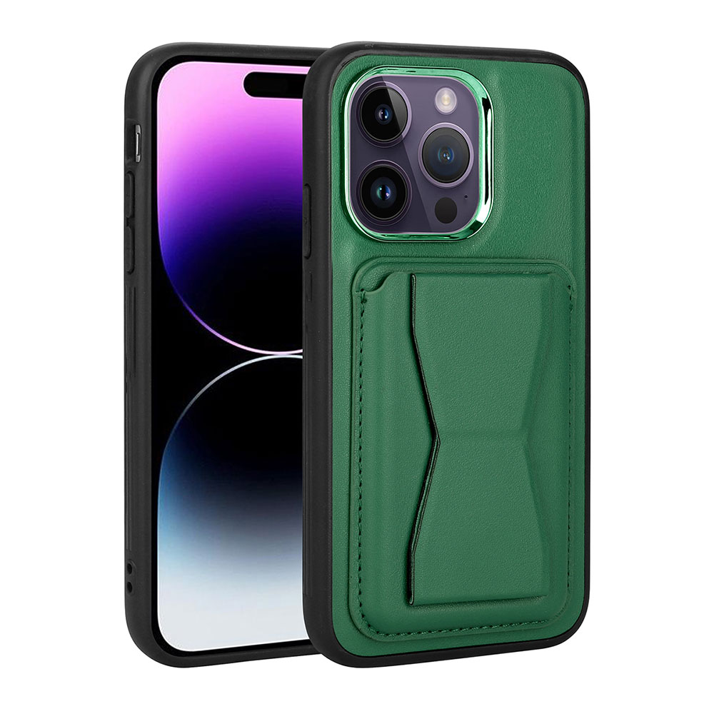 iPhone Uyumlu 14 Pro Kılıf Kartlıklı Standlı ​Pu Deri Zore Memo Kapak-Koyu yeşil