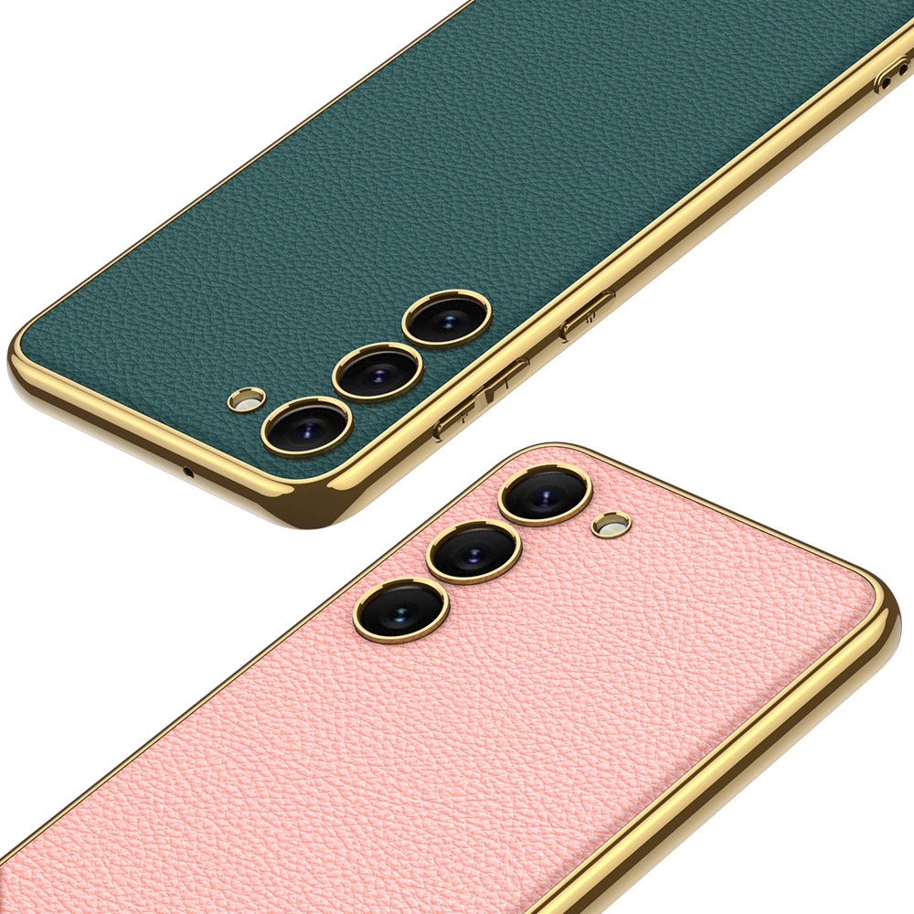Galaxy Uyumlu S23 Kılıf Deri Görünümlü Kenarları Elektroplating Kaplama Zore Fizyon Kapak