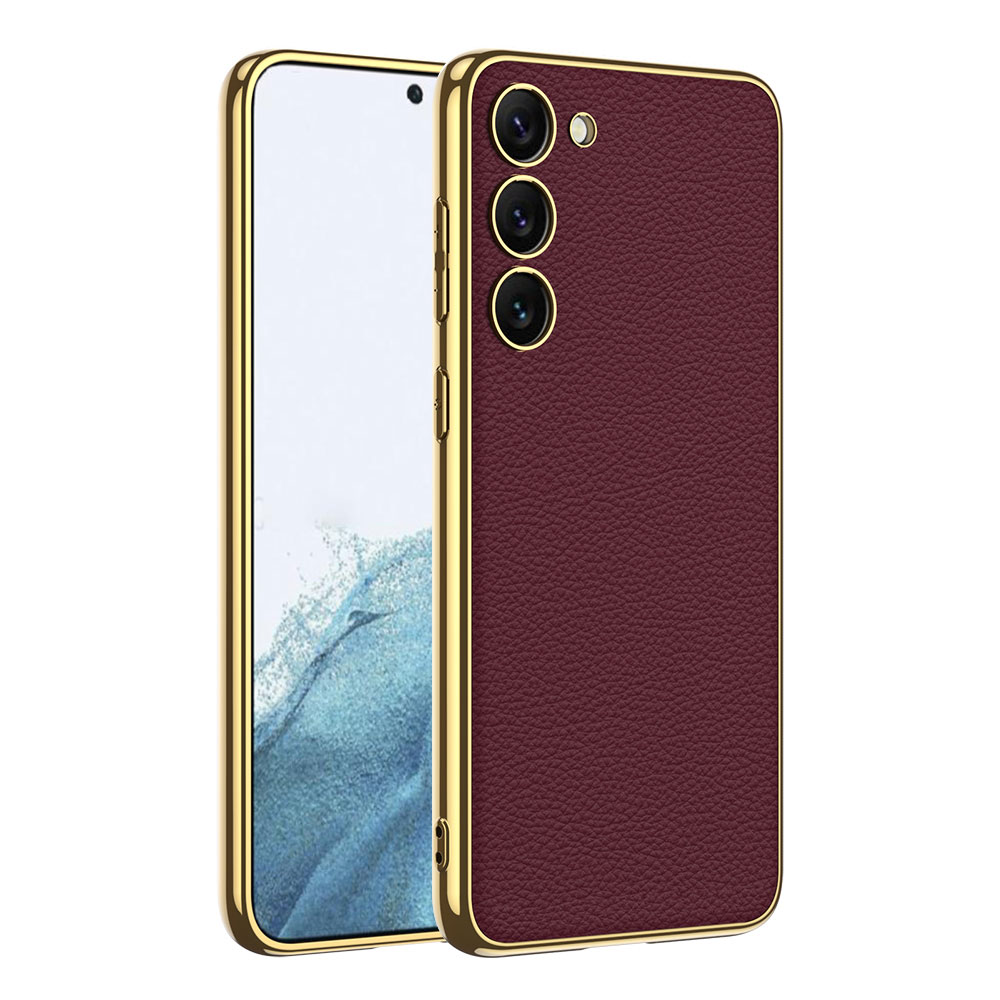 Galaxy Uyumlu S23 Kılıf Deri Görünümlü Kenarları Elektroplating Kaplama Zore Fizyon Kapak-Kırmızı