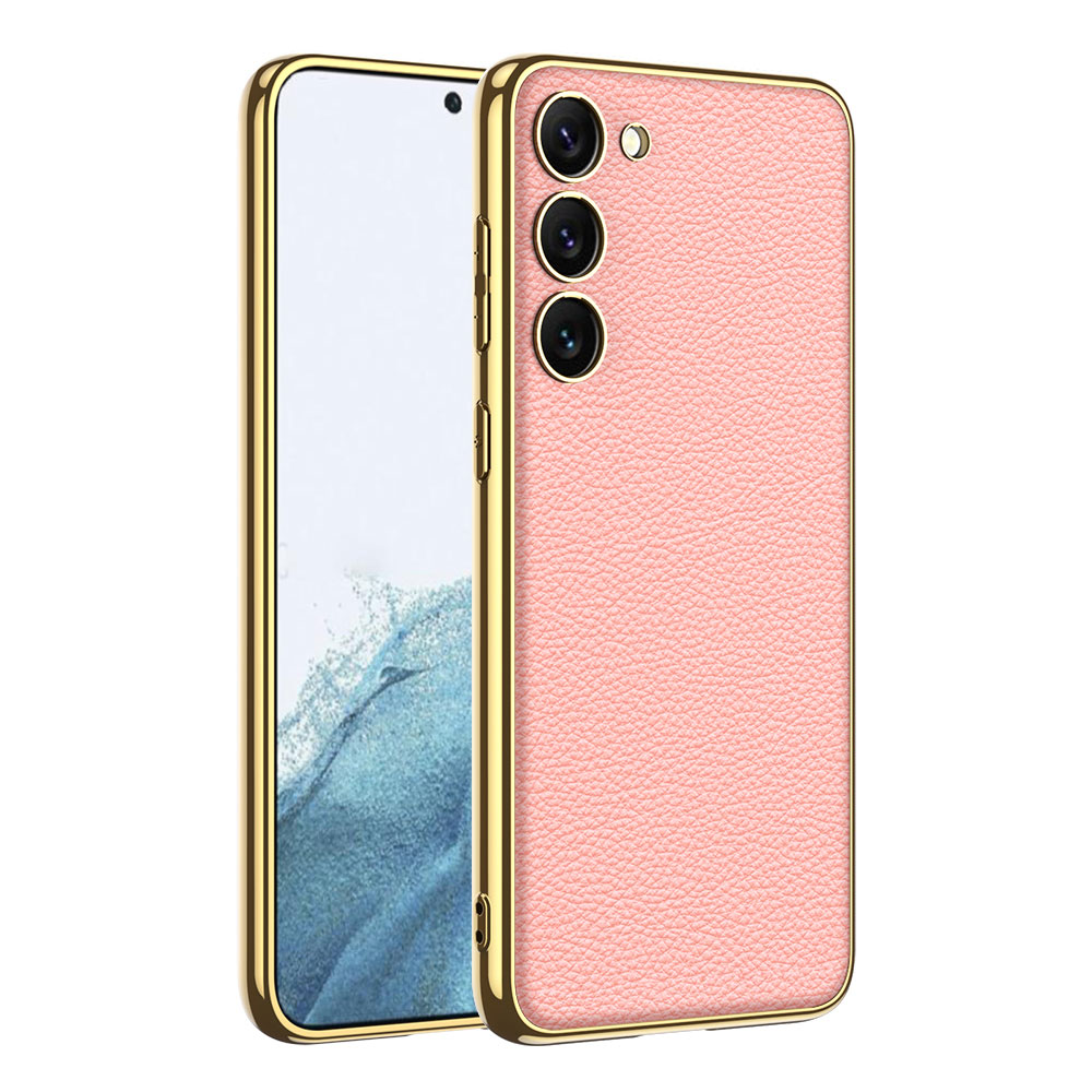 Galaxy Uyumlu S23 Kılıf Deri Görünümlü Kenarları Elektroplating Kaplama Zore Fizyon Kapak-Pembe