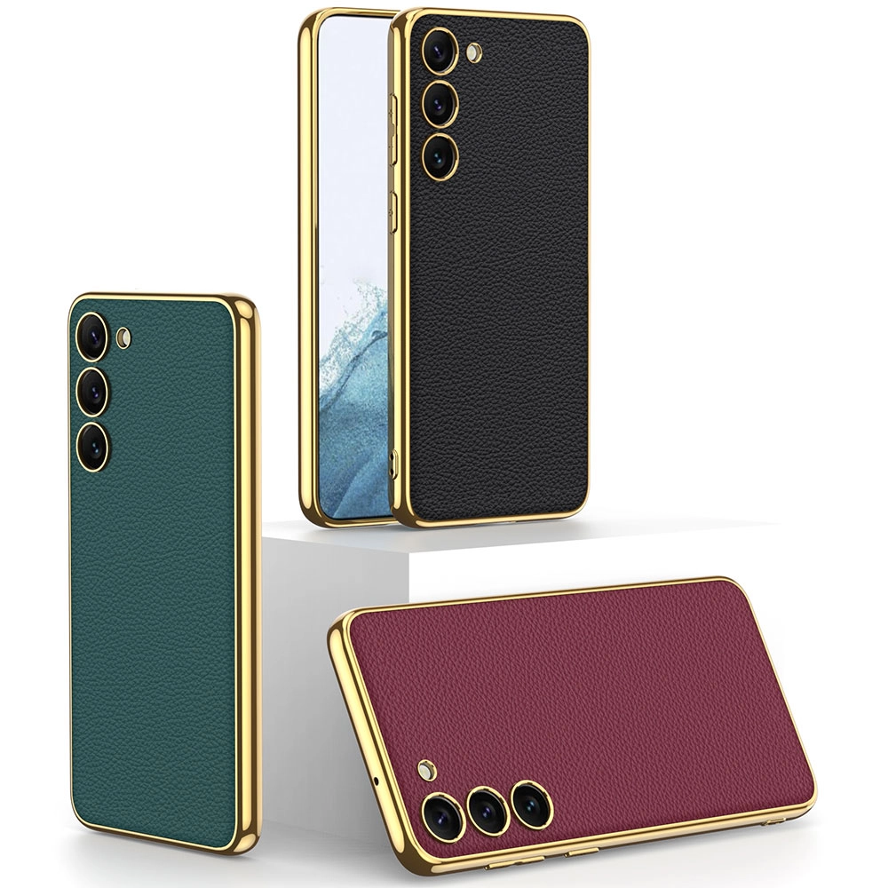 Galaxy Uyumlu S23 Plus Kılıf Deri Görünümlü Kenarları Elektroplating Kaplama Zore Fizyon Kapak