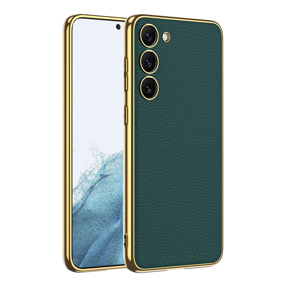 Galaxy Uyumlu S23 Plus Kılıf Deri Görünümlü Kenarları Elektroplating Kaplama Zore Fizyon Kapak-Koyu yeşil