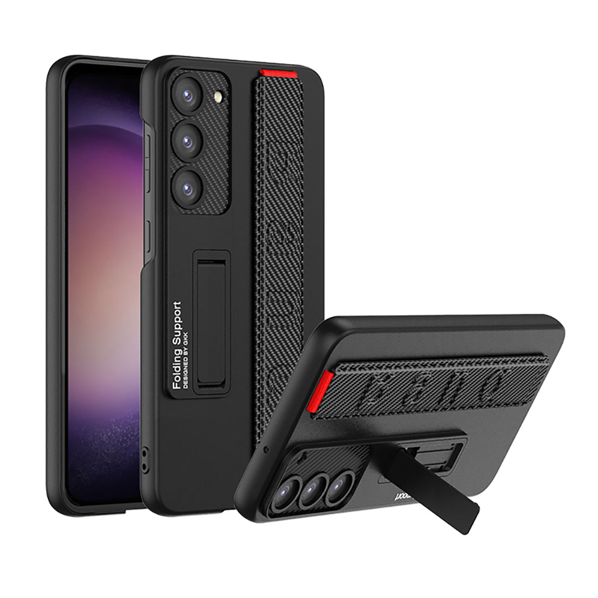Galaxy Uyumlu S23 Kılıf Standlı El Tutacaklı Zore Band Kapak-Siyah karbon