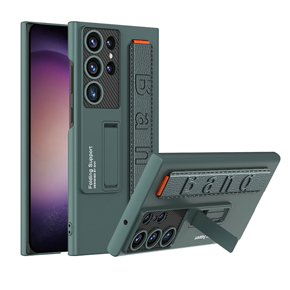 Galaxy Uyumlu S23 Ultra Kılıf Standlı El Tutacaklı Zore Band Kapak-Koyu yeşil