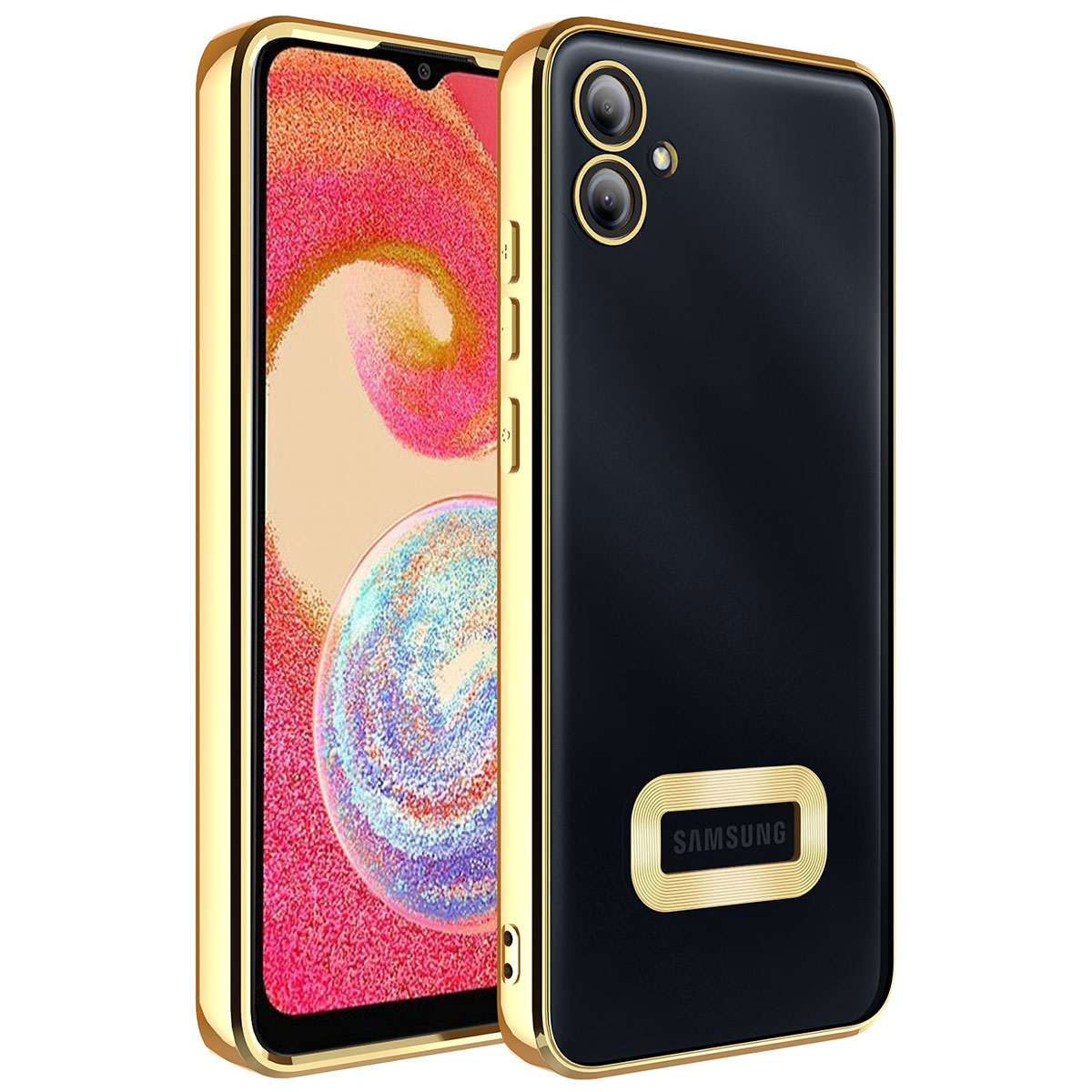Galaxy Uyumlu A04E Kılıf Kamera Korumalı Logo Gösteren Zore Omega Kapak-Gold