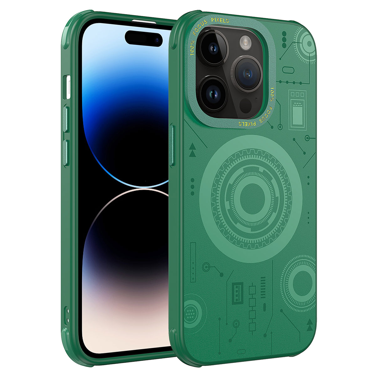 iPhone Uyumlu 14 Pro Kılıf Zore Wireless Şarj Özellikli Desenli Hot Kapak-Koyu yeşil