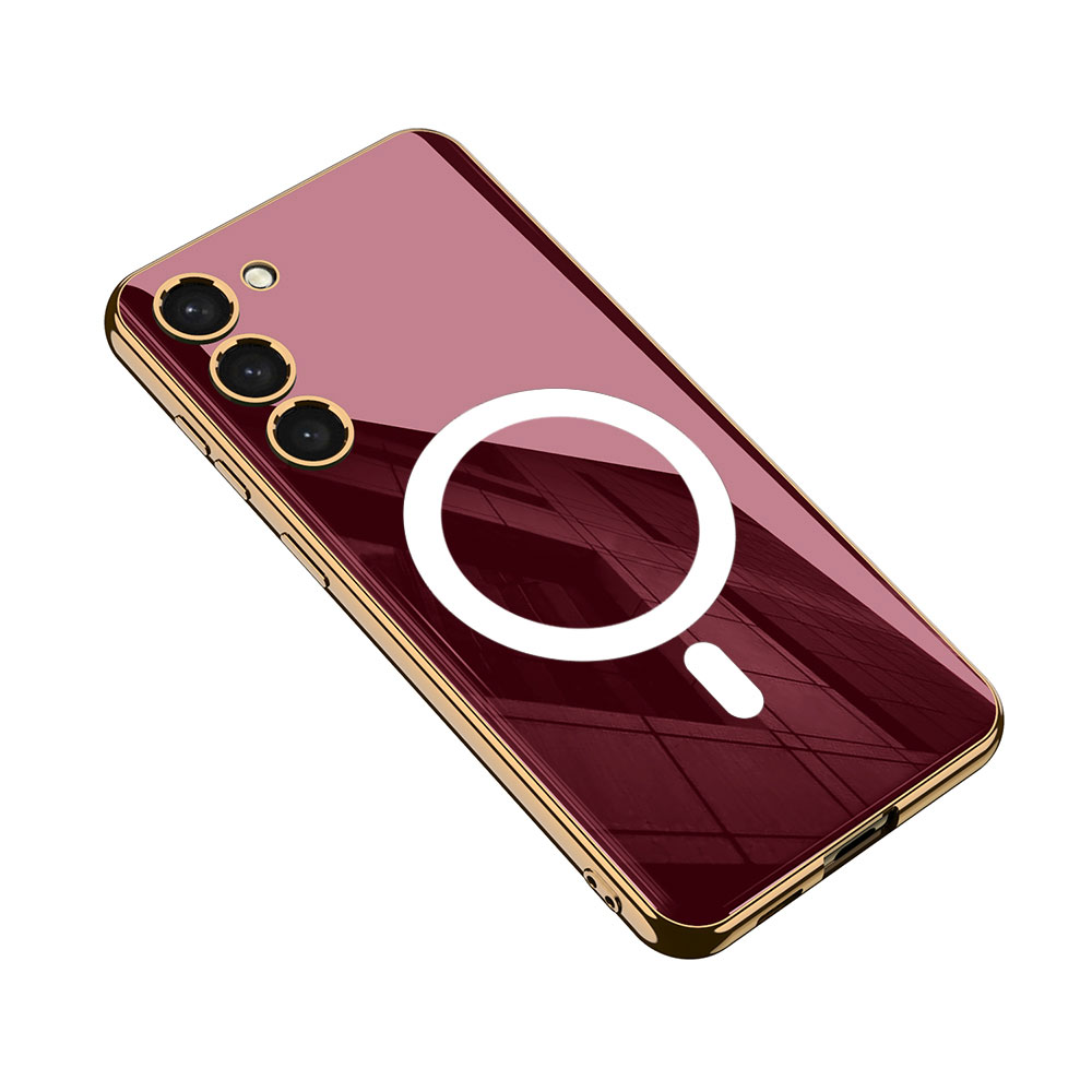 Galaxy Uyumlu S23 Plus Kılıf Wireless Şarj Özellikli Kenarları Elektroplating Kaplama Aynalı Zore Kent Kapak-Koyu kırmızı
