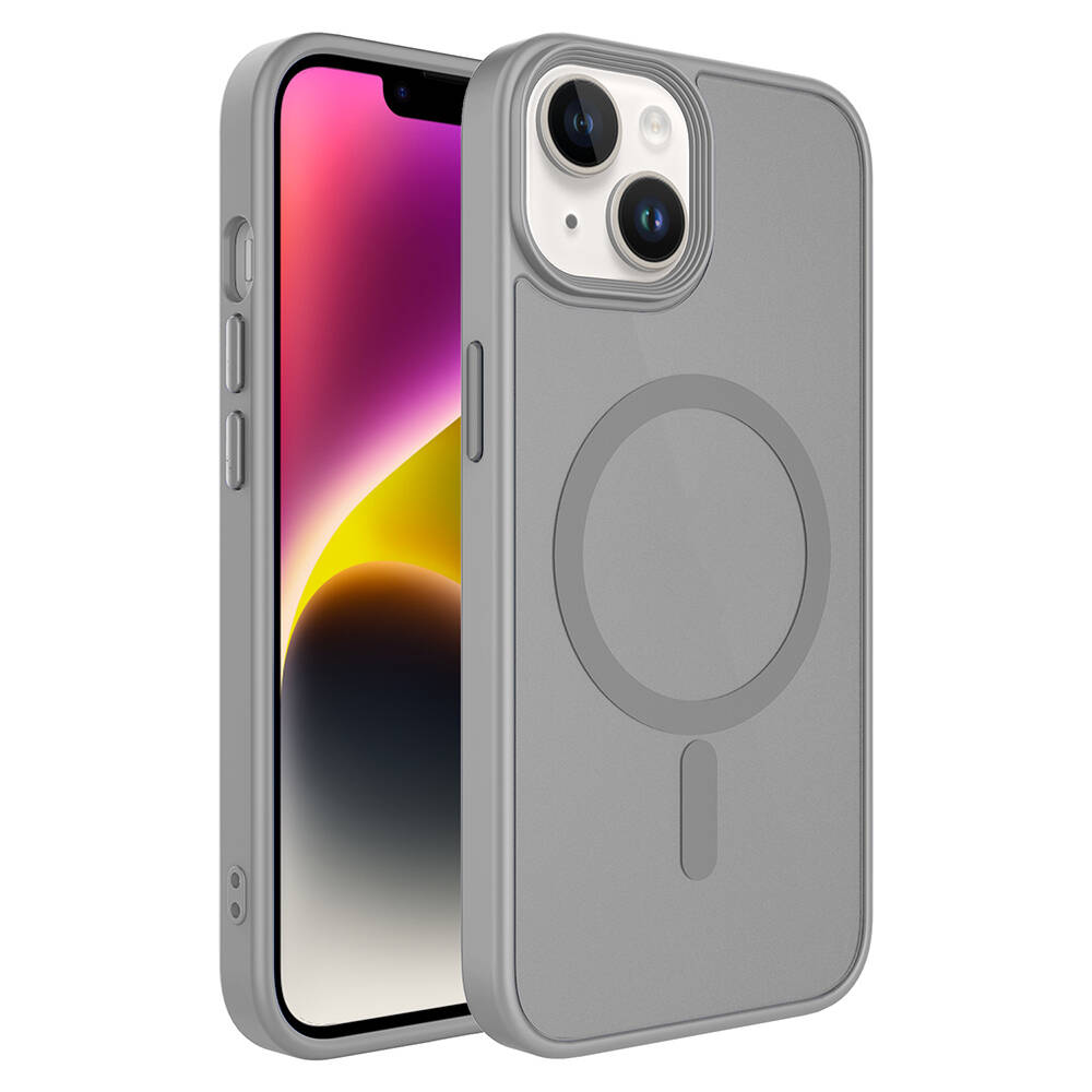 iPhone Uyumlu 13 Kılıf Mat Arka Yüzey Wireless Şarj Özellikli Zore Flet M-safe Kapak-Gri