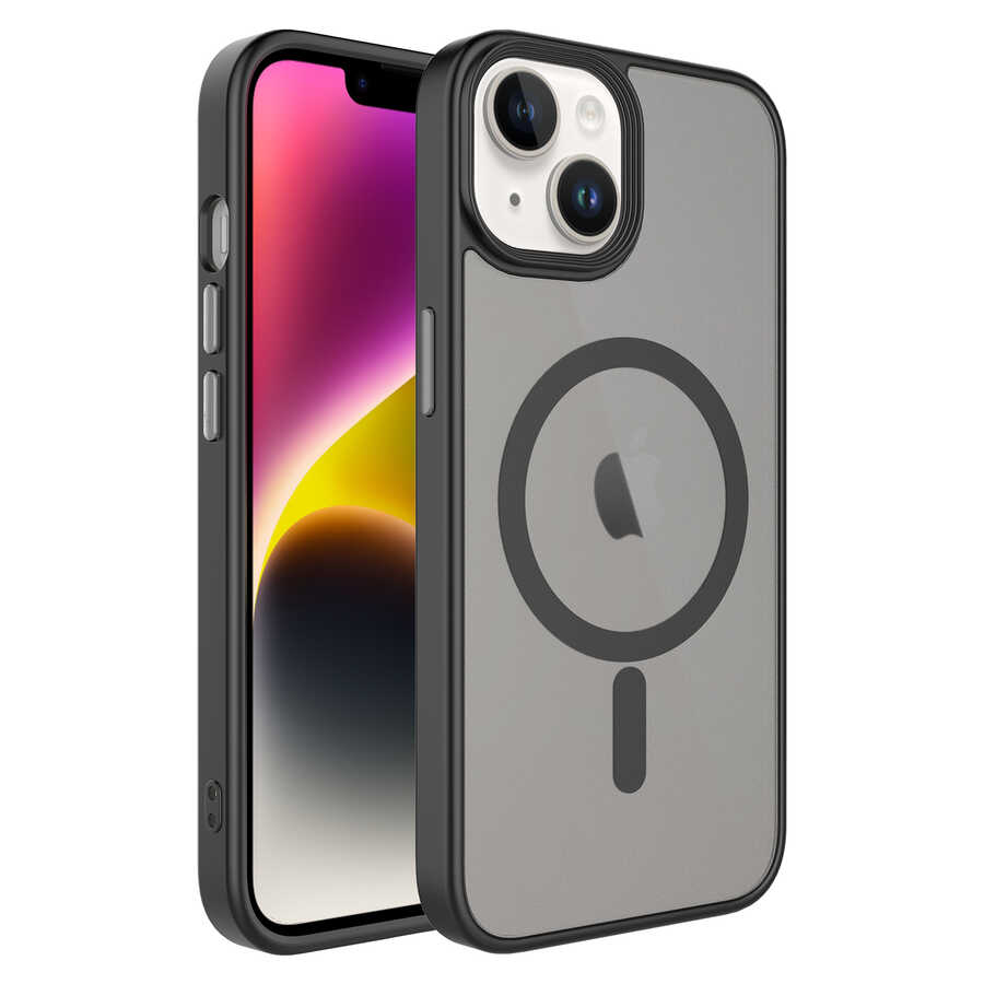 iPhone Uyumlu 13 Kılıf Mat Arka Yüzey Wireless Şarj Özellikli Zore Flet M-safe Kapak-Siyah