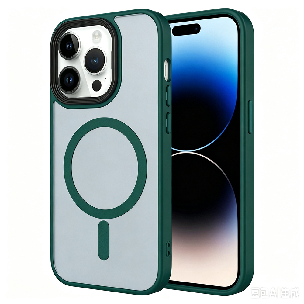 iPhone Uyumlu 13 Pro Max Kılıf Mat Arka Yüzey Wireless Şarj Özellikli Zore Flet M-safe Kapak-Koyu yeşil