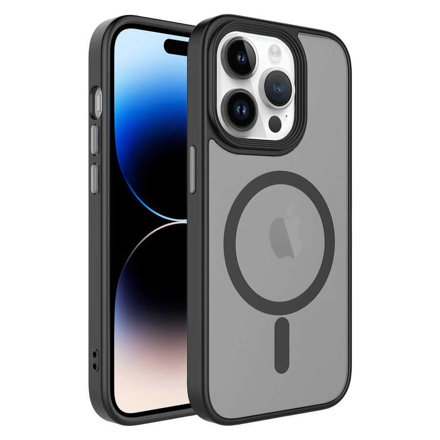 iPhone Uyumlu 13 Pro Max Kılıf Mat Arka Yüzey Wireless Şarj Özellikli Zore Flet M-safe Kapak-Siyah