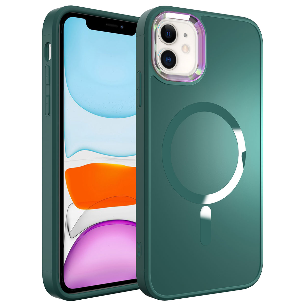 iPhone Uyumlu 12 Kılıf M-safe Wireless Şarj Özellikli Zore Stil Kapak-Koyu yeşil