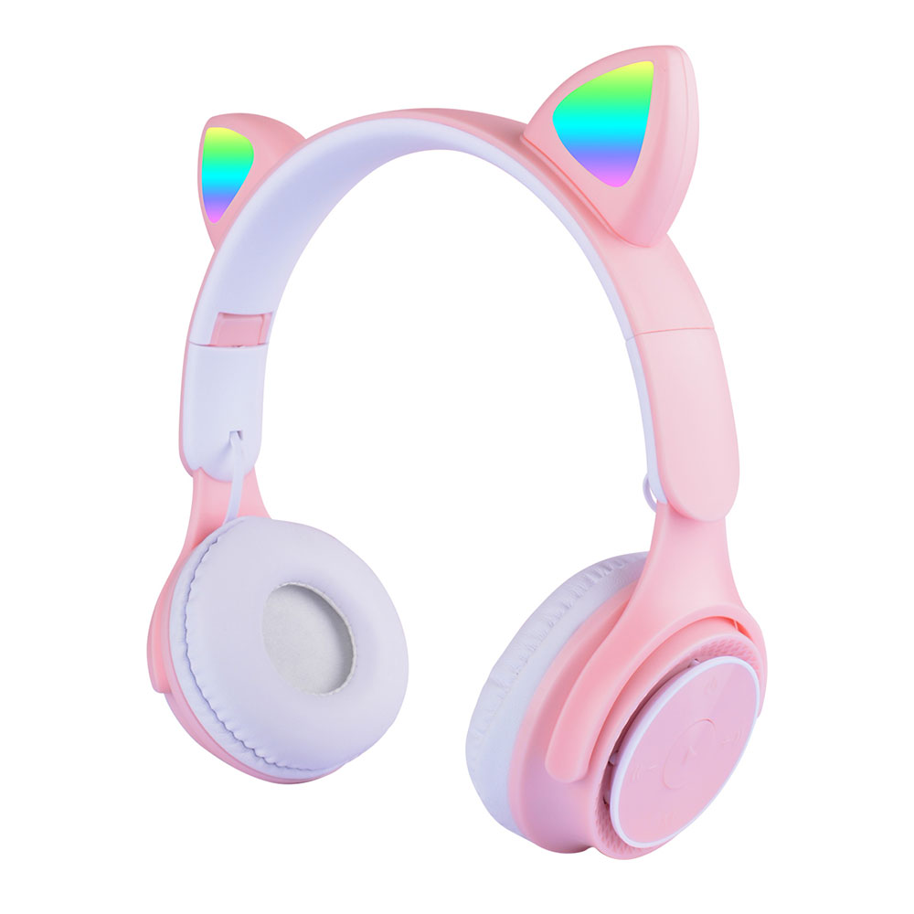 Zore M6 Pro Cat RGB Led Işıklı Kedi Kulağı Band Tasarımlı Ayarlanabilir ve Katlanabilir Kulak Üstü Bluetooth Kulaklık-Pembe