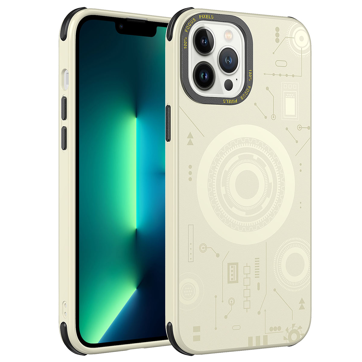 iPhone Uyumlu 13 Pro Max Kılıf Zore Wireless Şarj Özellikli Desenli Hot Kapak-Gold
