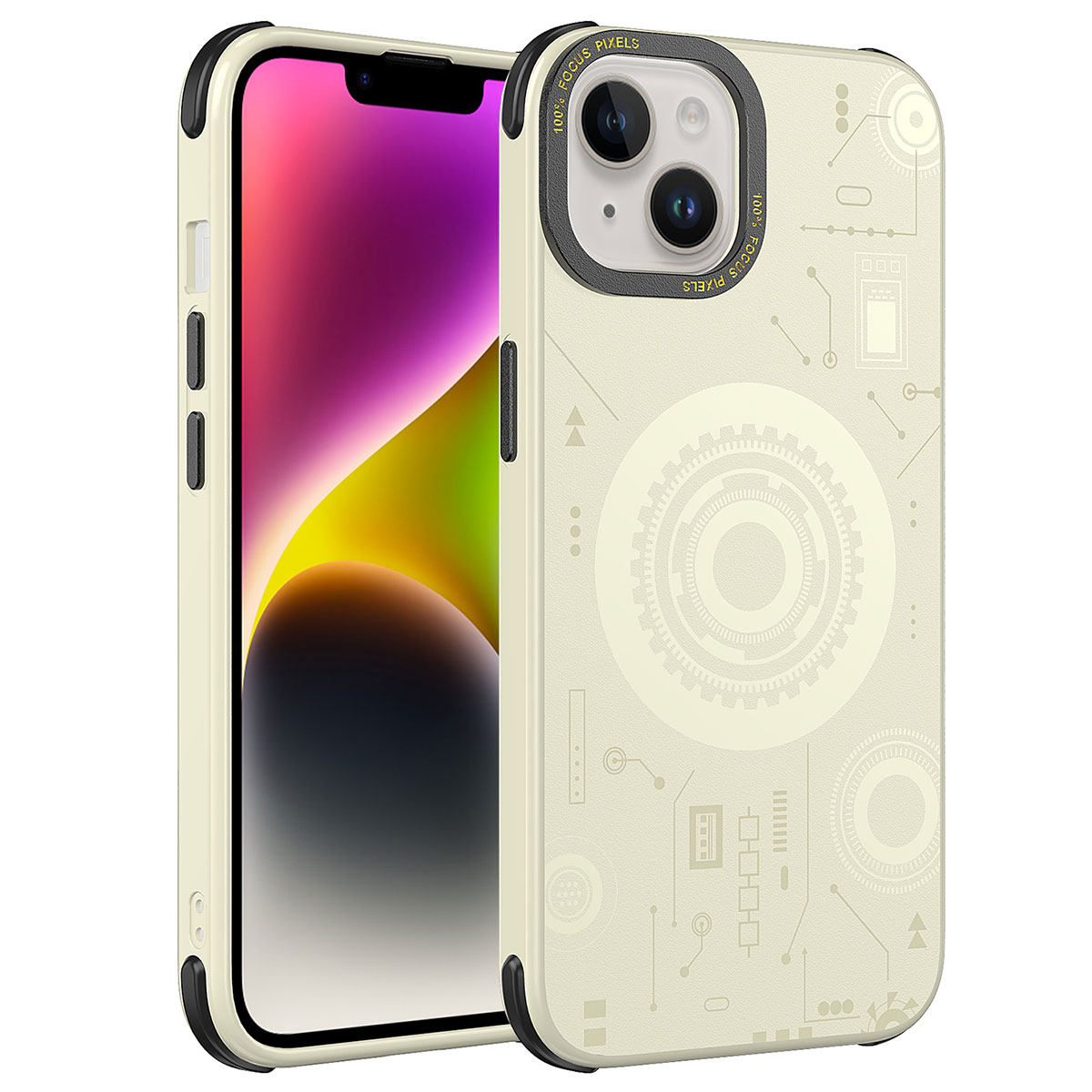 iPhone Uyumlu 14 Plus Kılıf Zore Wireless Şarj Özellikli Desenli Hot Kapak-Gold