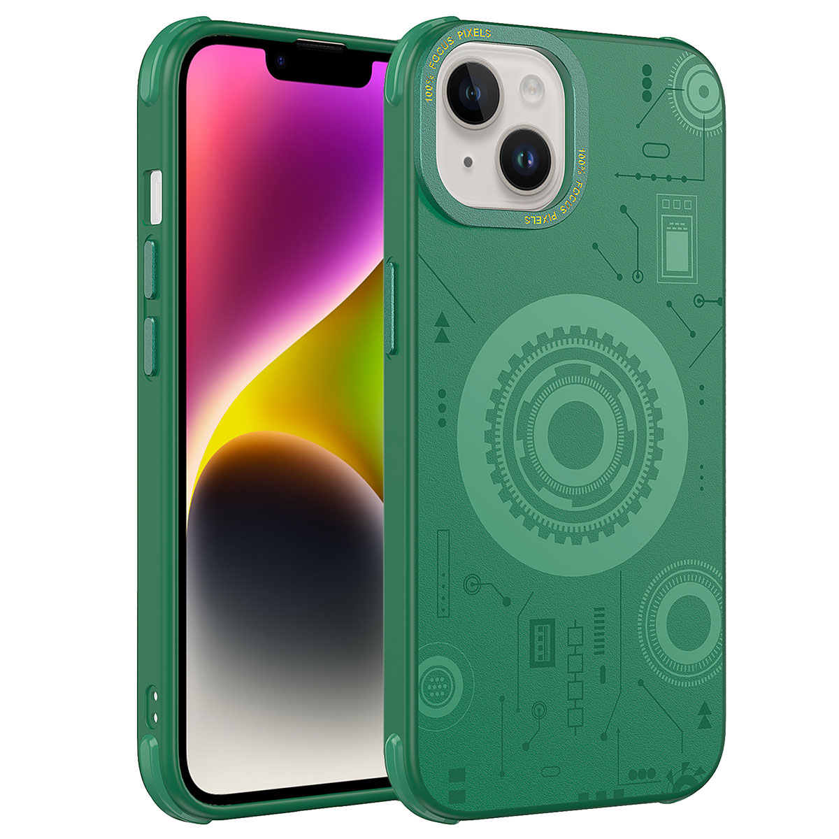 iPhone Uyumlu 14 Plus Kılıf Zore Wireless Şarj Özellikli Desenli Hot Kapak-Koyu yeşil