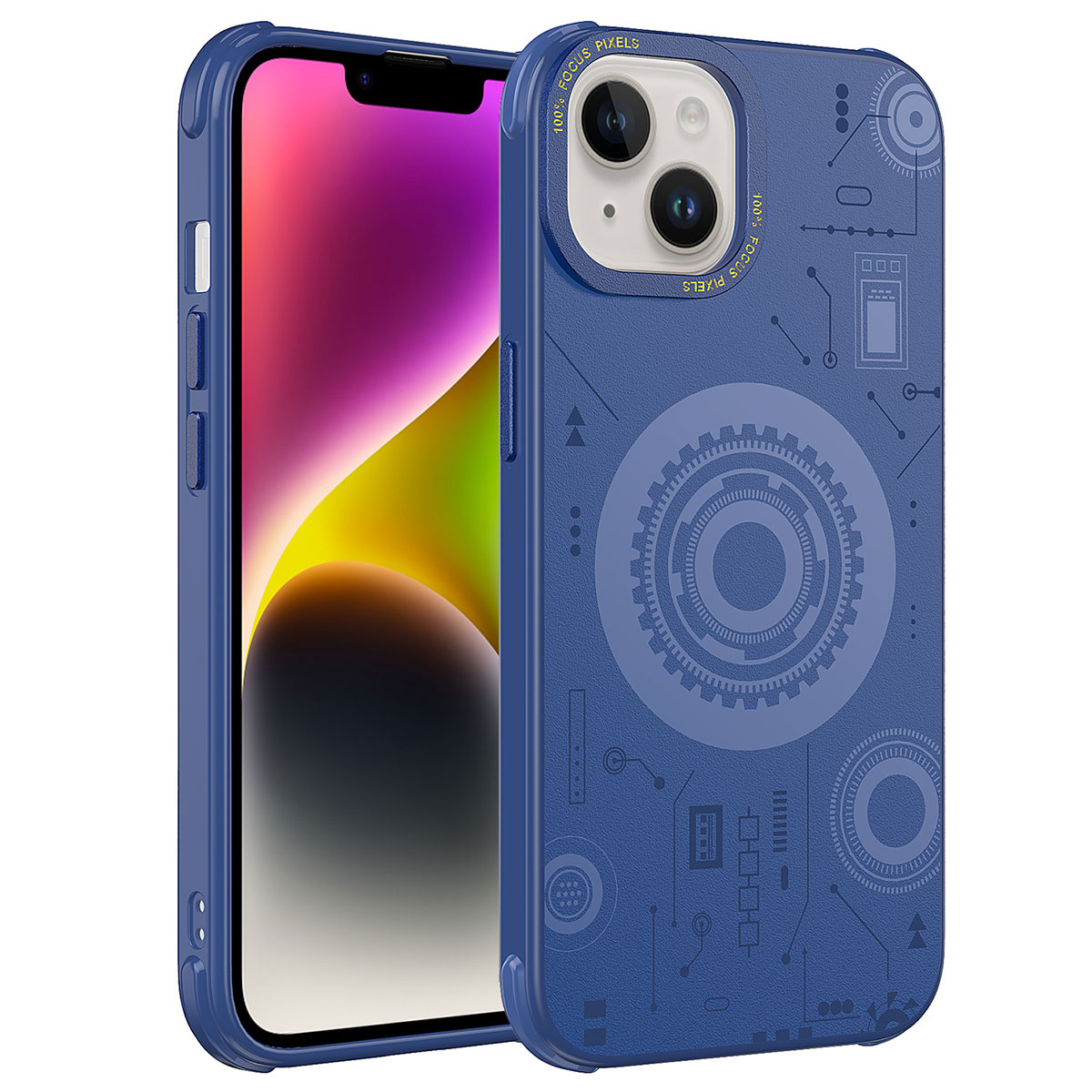 iPhone Uyumlu 14 Plus Kılıf Zore Wireless Şarj Özellikli Desenli Hot Kapak-Lacivert