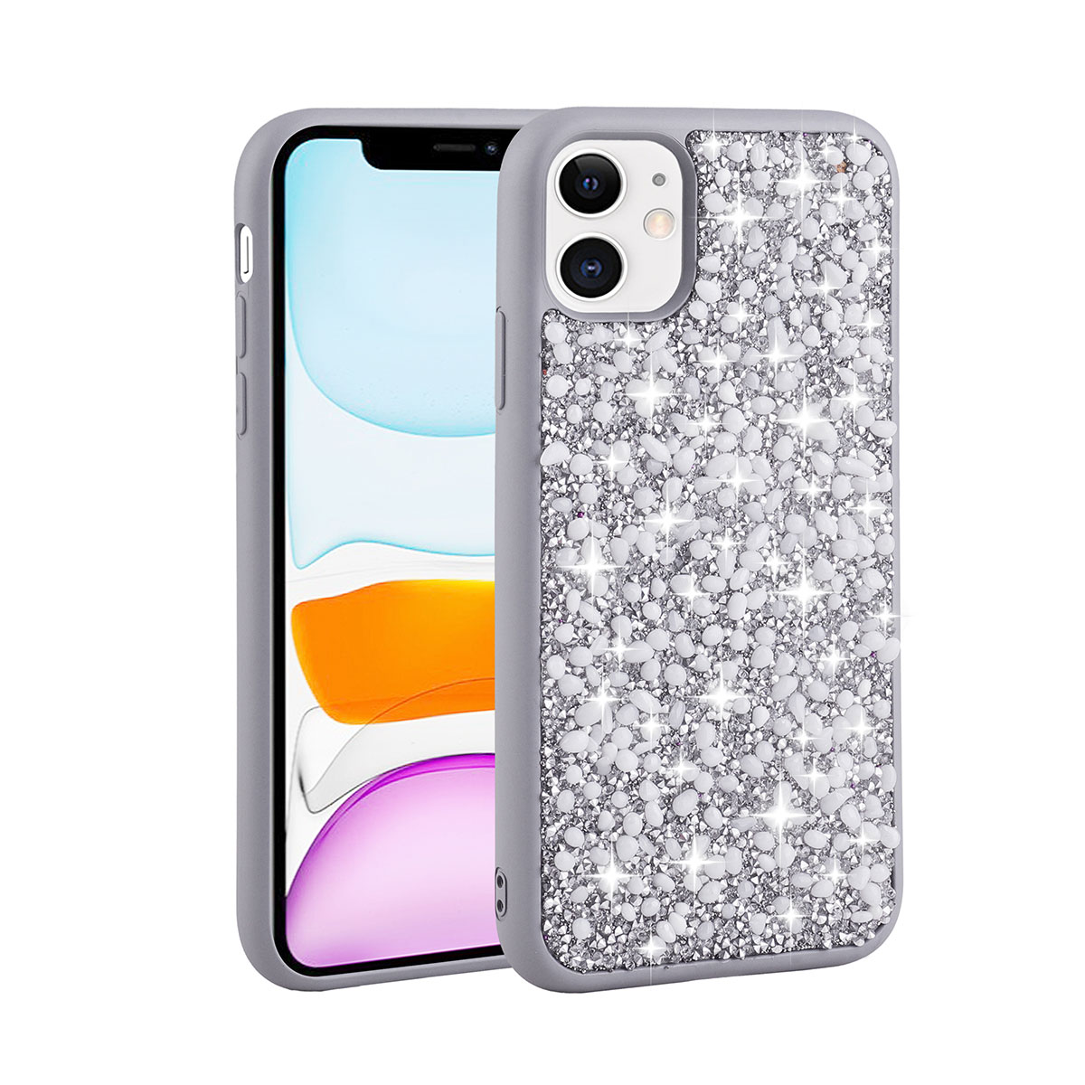 iPhone Uyumlu 11 Kılıf Parlak Taşlı Tasarım Zore Linea Kapak-Gümüş