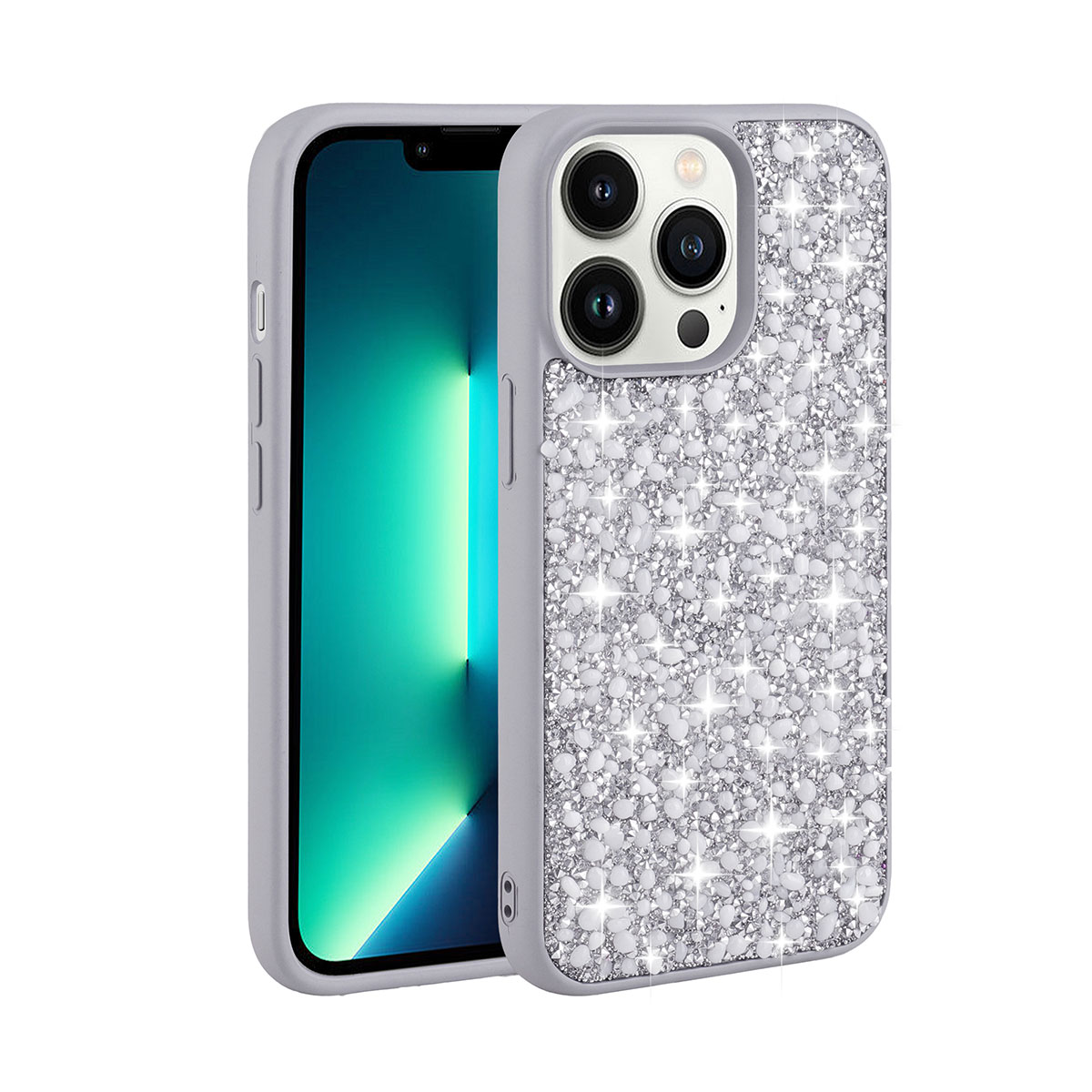 iPhone Uyumlu 12 Pro Kılıf Parlak Taşlı Tasarım Zore Linea Kapak-Gümüş