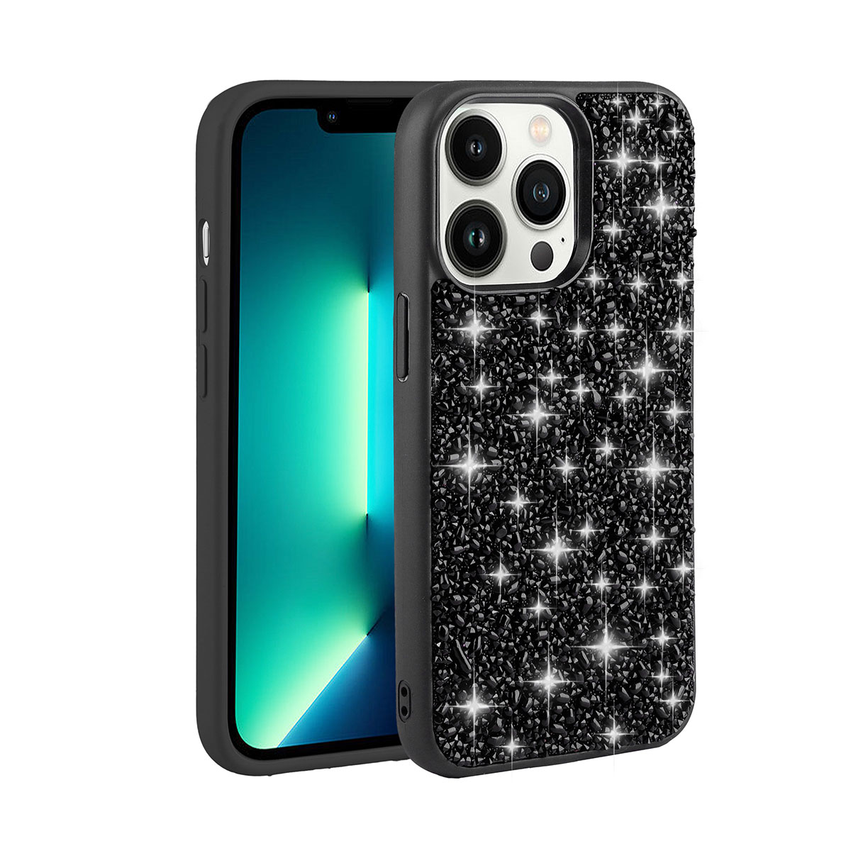 iPhone Uyumlu 13 Pro Max Kılıf Parlak Taşlı Tasarım Zore Linea Kapak-Siyah