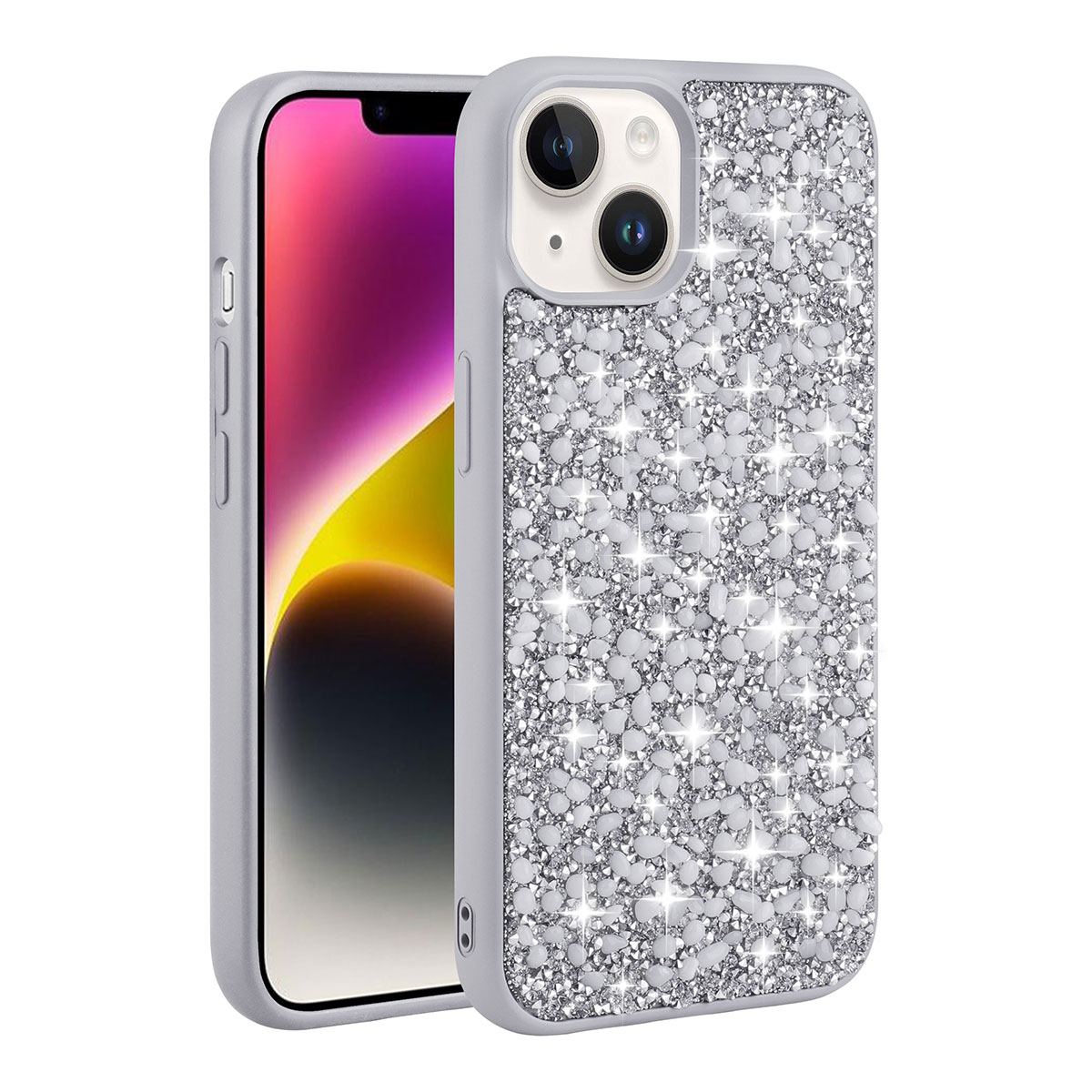 iPhone Uyumlu 14 Kılıf Parlak Taşlı Tasarım Zore Linea Kapak-Gümüş