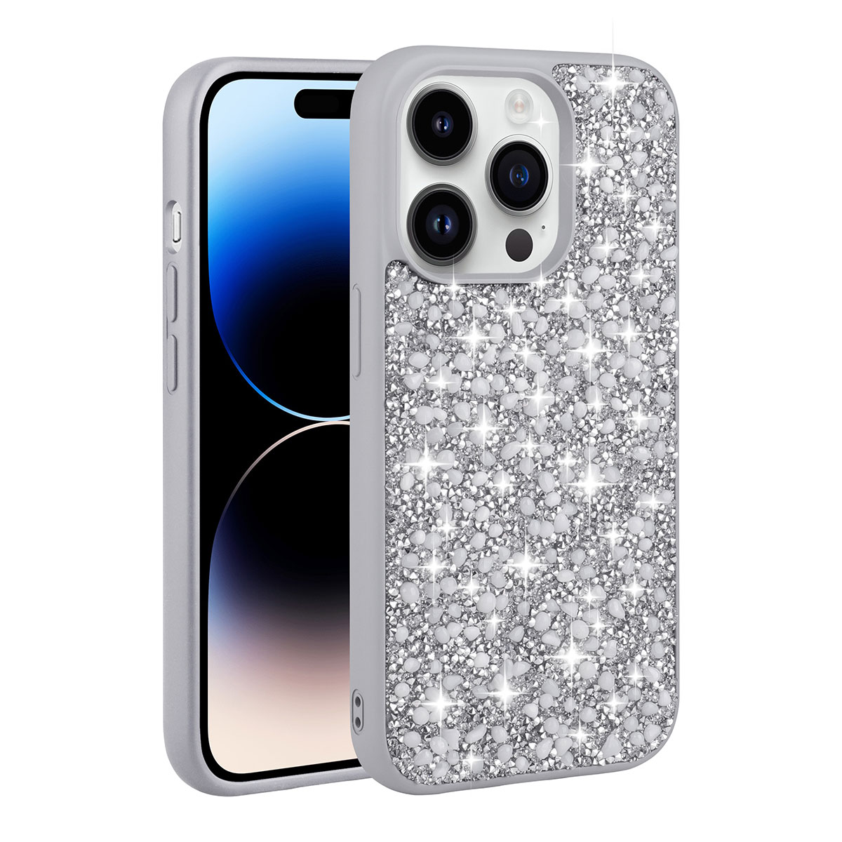 iPhone Uyumlu 14 Pro Kılıf Parlak Taşlı Tasarım Zore Linea Kapak-Gümüş